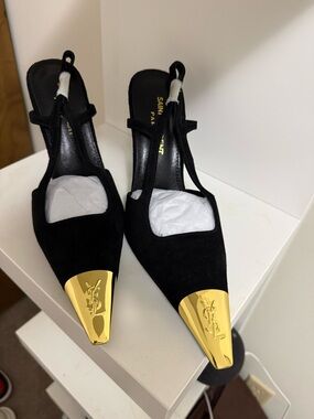 Saint Laurent Black Suede Slingback Pumps with Gold Toe Caps